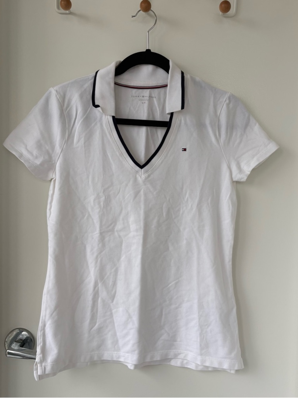 Tommy Hilfiger White V-Neck Polo Tee Size S